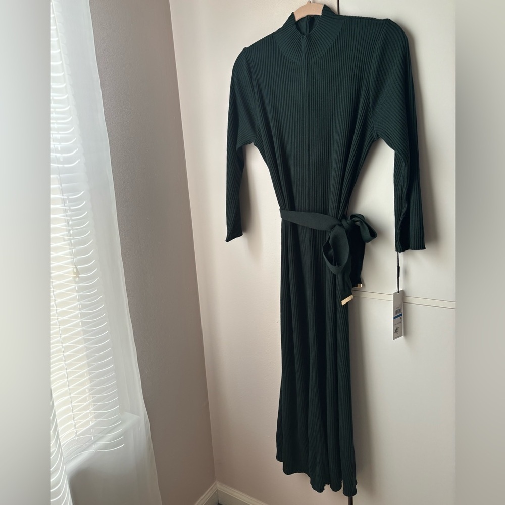 Calvin Klein Forest Green Ribbed Sweater Dress Size XL Mock Neck Tie Waist - Picture 2 of 4